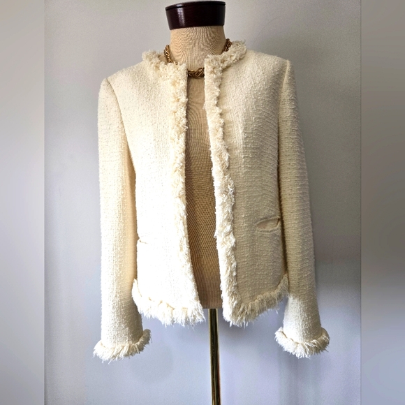 LK Bennett Jackets & Blazers - L.K BENNETT LONDON Cream Cottton Tweed Cropped Open Front Jacket With Fringe. 8